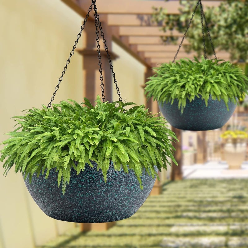 WOUSIWER 13 inch 2 Pack Large Hanging Planters for Indoor Outdoor Plants with Drainage Holes and Chain, Round Hanging Flower Pots for Garden Home Porch Decor, Black with Green Speckles - Image 5